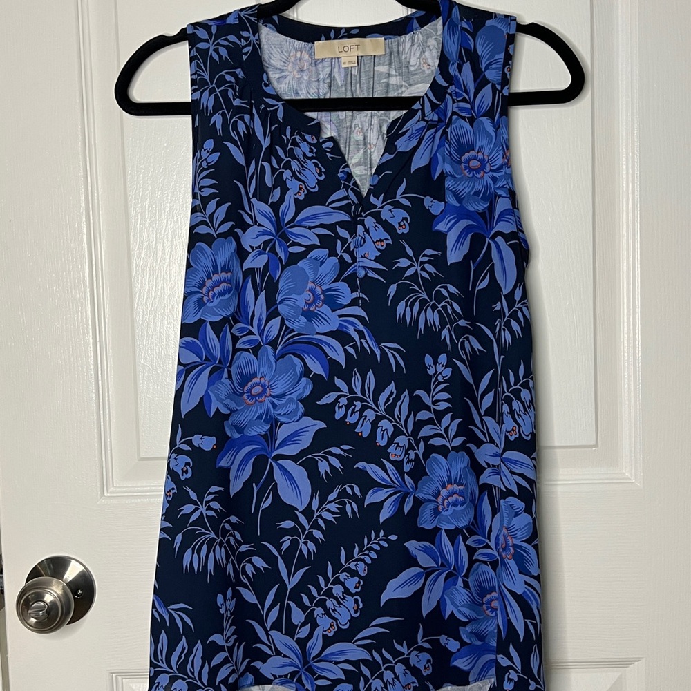LOFT Navy and Blue Floral Sleeveless Blouse